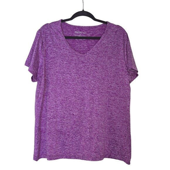 Real Essentials Womens Heathered Purple V-Neck Short Sleeve Shirt 2XL Lightweigh - Picture 1 of 3